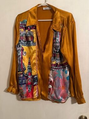 Katelyn Faena Rust Gold Satin Shirt with Printed Panels